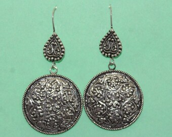 925 Sterling Silver Tribal Ethnic Earrings Round Drop Earrings Oxidised Earrings
