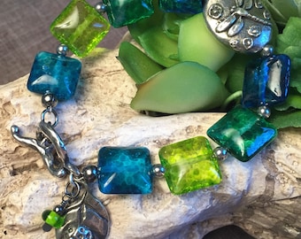 DRAGONFLY POND, artisan lampwork and sterling silver bracelet