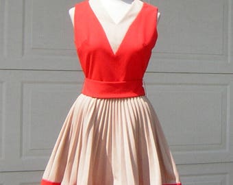Vintage 60s Jane Jetson Orange Dress Flirty Pleated Skirt - Poly Knit Cutie