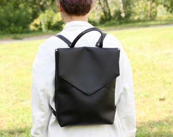 Vegan leather backpack - Black minimal style backpack - Faux leather backpack