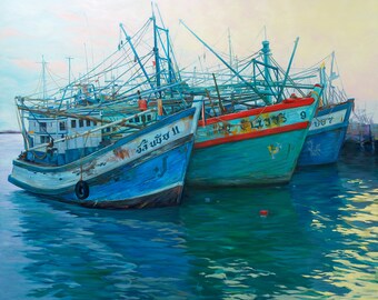 Thailand Harbour. Thailand Painting. Asian Fishing Boats. Marina Painting. Fishing Boat Art. Thailand Art. Thailand Boats. The Marina.