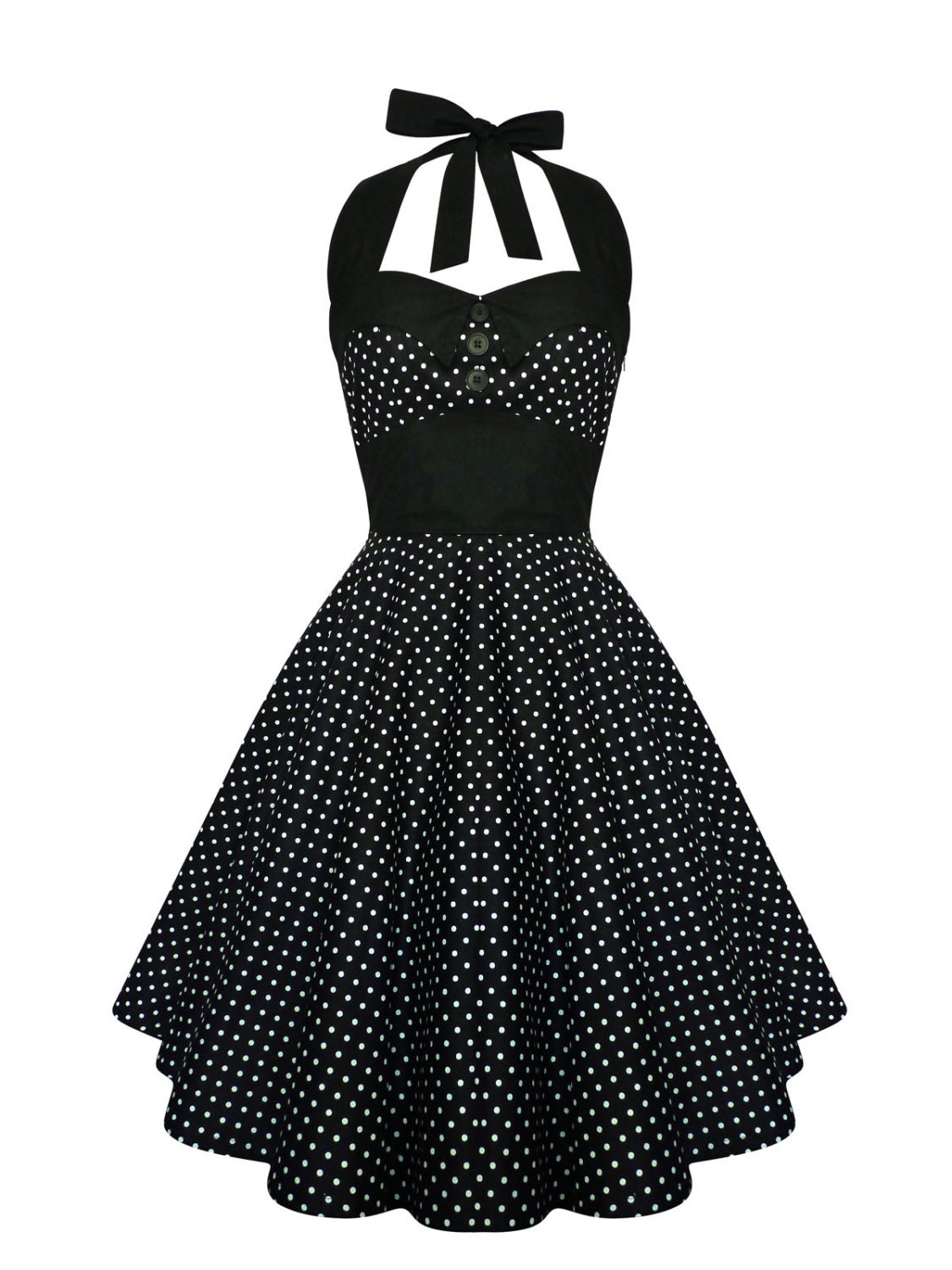 Rockabilly Dress Black Polka Dot Halter Pinup Dress Vintage 6823