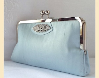 blue silk clutch bag, blue wedding purse with Art Deco diamante trim, bridal purse, silk handbag with personalisation