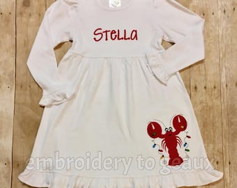 Monogrammed Girl's Crawfish Christmas Dress, Ruffle Dress, Girls Christmas Dress, Girls Holiday Dress, Toddler Girls Holiday Dress-Nola