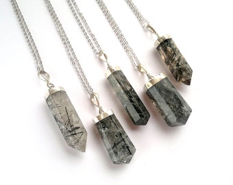 Rutilated Quartz Necklace Crystal Necklace Black Rutile Quartz Pendant Crystal Point Tourmalated Quartz Necklace Quartz Jewelry Silver