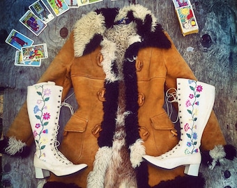 70s Vintage Multi Color Shearling Suede Afghan Penny Lane Almost Famous Fur Coat Jacket Small