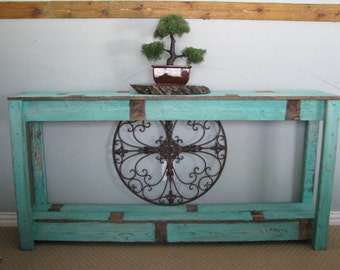 Rustic Sofa Table in Farmhouse Aqua