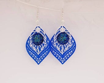 Blue and white leaf earrings
