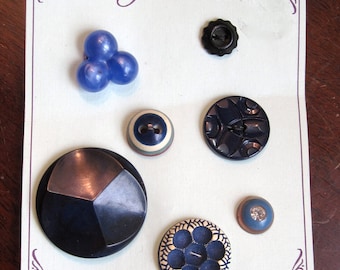 Vintage 1950's Assorted Blue Plastic Buttons (Card of 7)