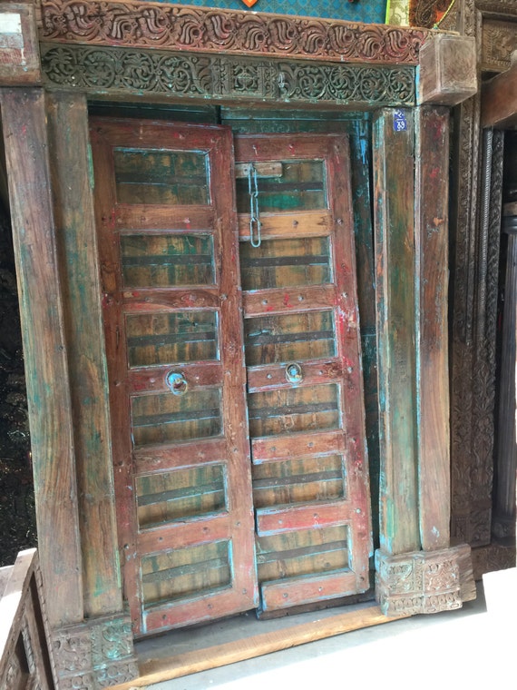 Antique Indian Door Hand Carved Blue Patina SUNKISSED Teak - Antique Indian Door Hand Carved Blue Patina SUNKISSED Teak