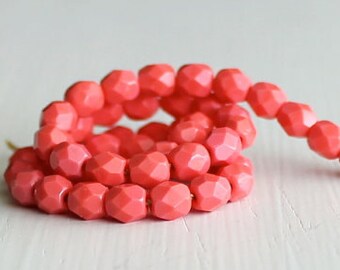 50 Opaque Medium Coral Faceted 4mm Czech Glass Rounds