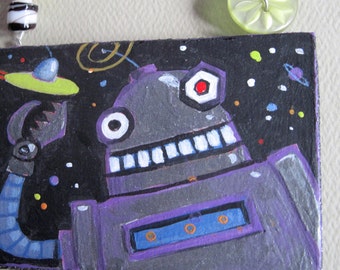 Mini Plaque - Original Art - Robot & Flying Saucer - Glass Beads, Button, Wire Hanger - One of a KInd Original Painting - Hand Twisted Wire