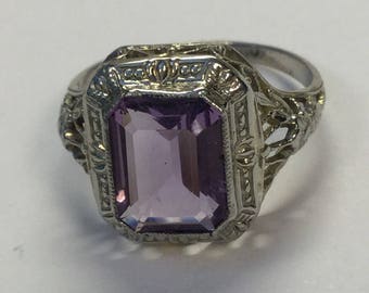 Vintage Art Deco 10k White Gold Ostby Barton Amethyst Filigree Ring