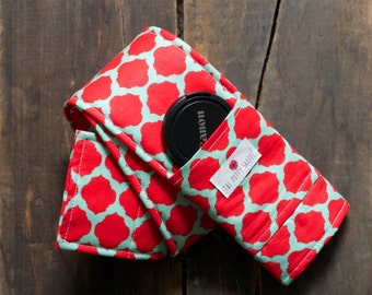 DSLR Camera Strap Cover- lens cap pocket and padding included- Red and Light Blue/ Mint