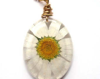Real Daisy Necklace - Real Pressed Daisy Encased in Resin - Pressed Flower Jewelry - Daisy resin Necklace - Wire Wrapped Pendant