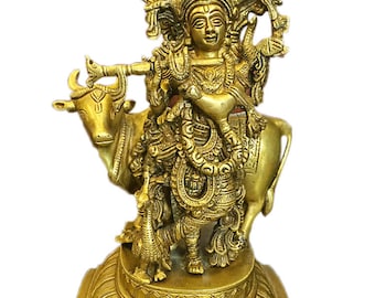 Vintage Indian Meditation Krishna Statue Playing Flute with KamDhenu Cow Yoga Decor ZEN CONSCIOUS Design