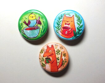 pet animals with tea and coffee pinback button pet