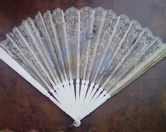 Large Vintage French Lace Fan with Hand Painted Birds and Butterflies Circa late 19th Century Ivorine Folding Fan