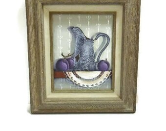 Oil Painting Granite Pitcher, Plums and Doily on Shelf