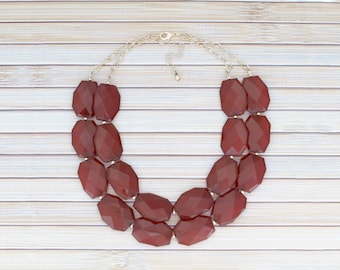 Red Chunky Necklace, Burgundy Statement Necklace, Oxblood Red & Gold Beaded Necklace, Layered Bib Collar Necklace, Winter Fashion Jewelry