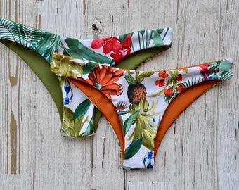 Cheeky Mid Coverage Burnt Orange Rust/Olive Tropical White pineapple palm tree palm leaf print Reversible Swimsuit Bottoms Womens Swimwear