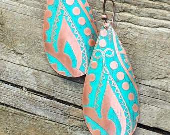 Bohemian Jewelry Earrings, Copper Boho Earrings Dangle, Tribal Jewelry Earrings, Copper Jewelry Earrings, Etched Copper Earrings