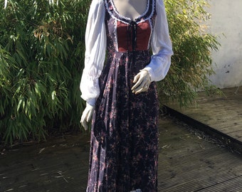 GUNNE SAX orig 1970s lace up hippie folk maxi dress in navy blue/black floral UK 6 8 xs s