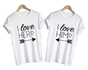 I Love Him Shirt, I Love Her Shirt - Matching Shirts Lovers Boyfriend Girlfriend Wife Husband Just Married Arrow Heart Couple Shirts Cute
