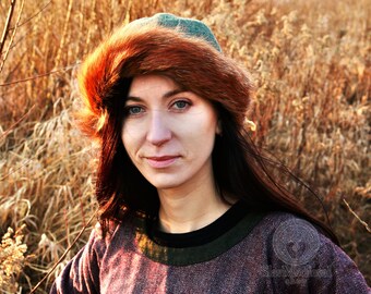 Early madieval hat, based on found form Birka, round hat with fox fur woolen cap, perfect for historical reenactors of Vikings