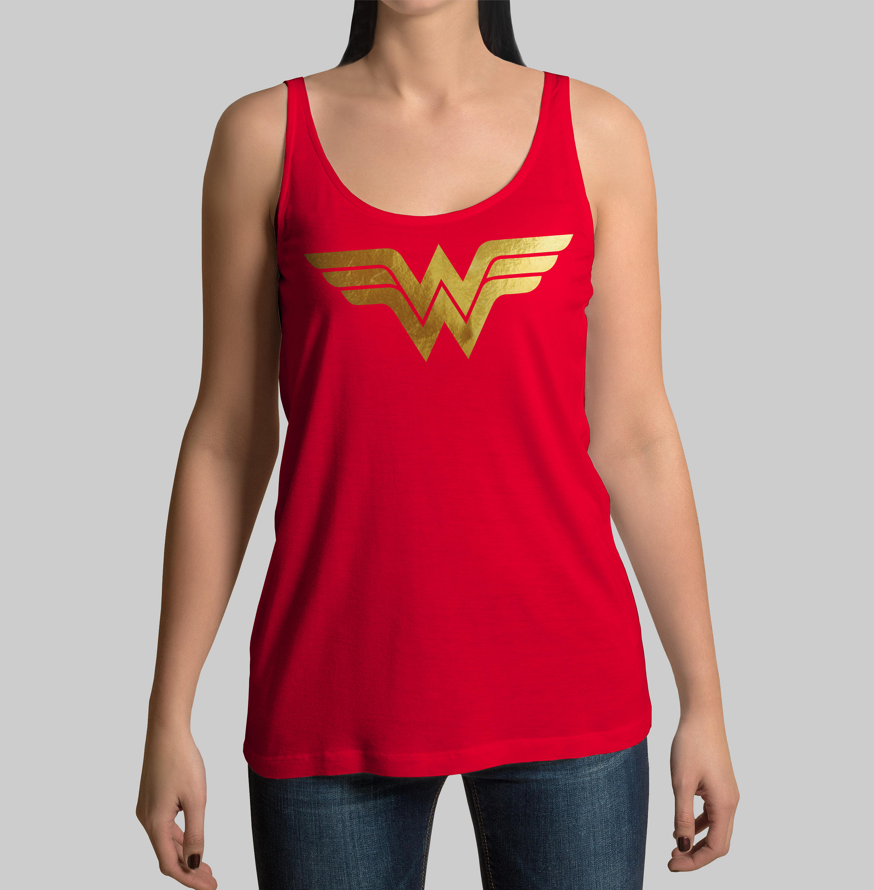 Womans Wonder woman tank top with shiny gold logo.