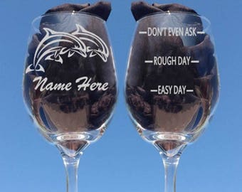 Wine Glasses, New Dolphin Wine Glasses, Add a Name FREE, Tribal Dolphin, Etched Wine Glass, Beach House Glasses, Sea life, Dolphin