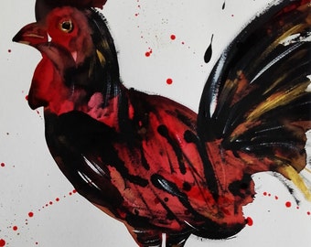 Rooster Original Painting Rooster Art Bird Rooster Fine Art Rooster Wall Art Red Rooster Original Watercolor Bird Home Decor Painting