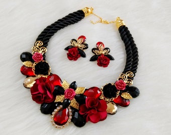 Handmade bib statement necklace and earrings with black and maroon (red) acrylic gemstones, gift for her, bridesmaid jewelry, summer jewelry
