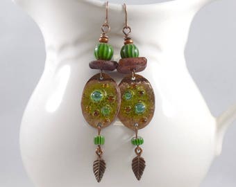 Handmade Earrings, Enameled Earrings, Copper and Green Earrings, Boho Earrings, Copper Earrings, Artisan Earrings, OOAK, Big Earrings, AE230