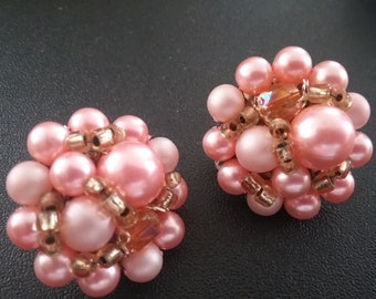 Pink Beaded Cluster Earrings/ Vintage 50's Clip-ons