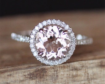 Halo Diamonds Morganite Engagement Ring VS 8mm Round Cut Morganite Ring 14K White Gold Ring Gemstone Ring Gold Engagement Ring Dream Ring