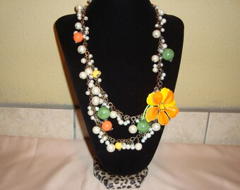 Vintage Flower Statement Necklace Repurposed Upcycled Assemblage Handmade Multicolor
