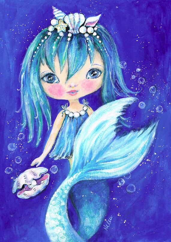 Pearl Original acrylic  painting  Mermaid  Cute Seashell
