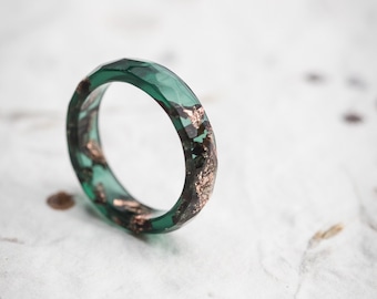 Dark Jade Green Stacking Resin Ring Deep Moss Green with Rose Gold Flakes Faceted Ring OOAK pine green minimal chic minimalist jewelry