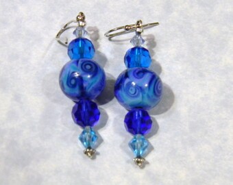 Art Glass Lampwork Bead and Crystal Earrings in Shades of Blue