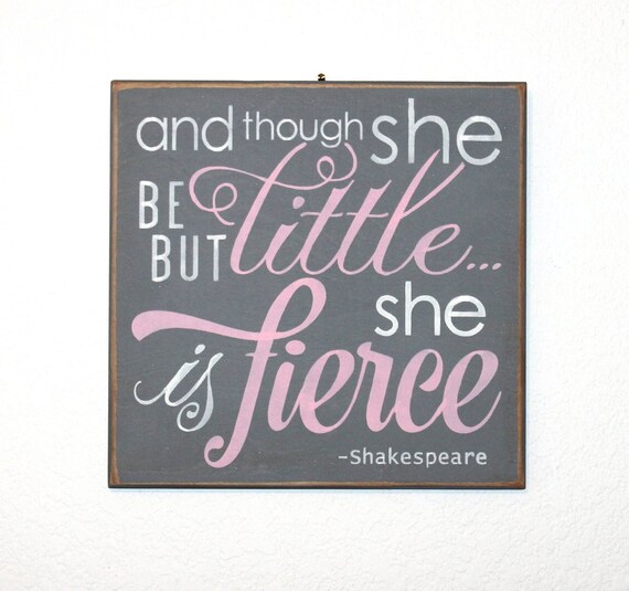 And though she be but little ... she is fierce - Hand Painted Wooden Sign - 12 x 12 - pink and gray - Girl's room - Nursery - Baby Girl