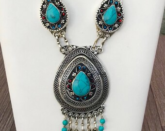 Turquoise necklace, turquoise long necklace, turquoise jewelry, bohemian necklace, gypsy necklace, turquoise ethnic jewellery, boho