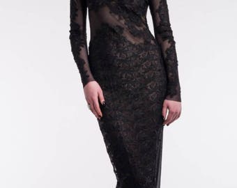 Black Lace and Mesh Champagne Dress