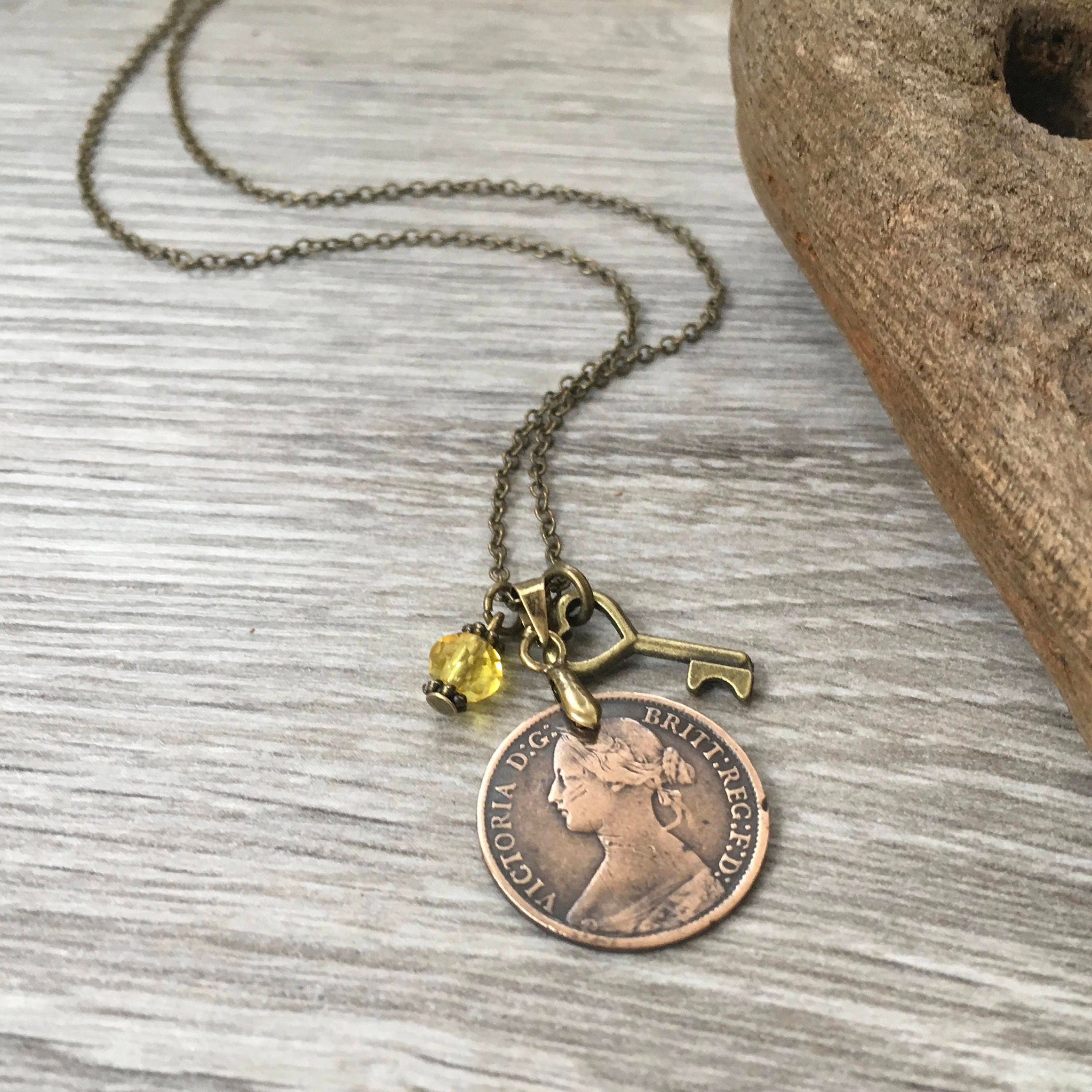 Victorian 1865 coin necklace, British farthing pendant, English