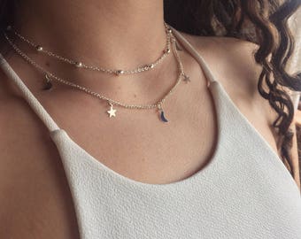 Silver/Gold/Rhodium Two-Layer Beaded Star and Moon Choker/Necklace
