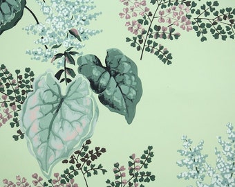1940s Vintage Wallpaper by the Yard - Beautiful Pink and Green Leaves Ferns and Flowers