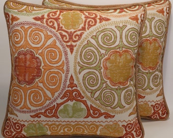 2 Tan Throw Pillows,Suzani Throw Pillows,Decorative Pillows, 2 18" Orange Green Tan Suzani Designer Throw Pillows & Forms,Home Decor,227