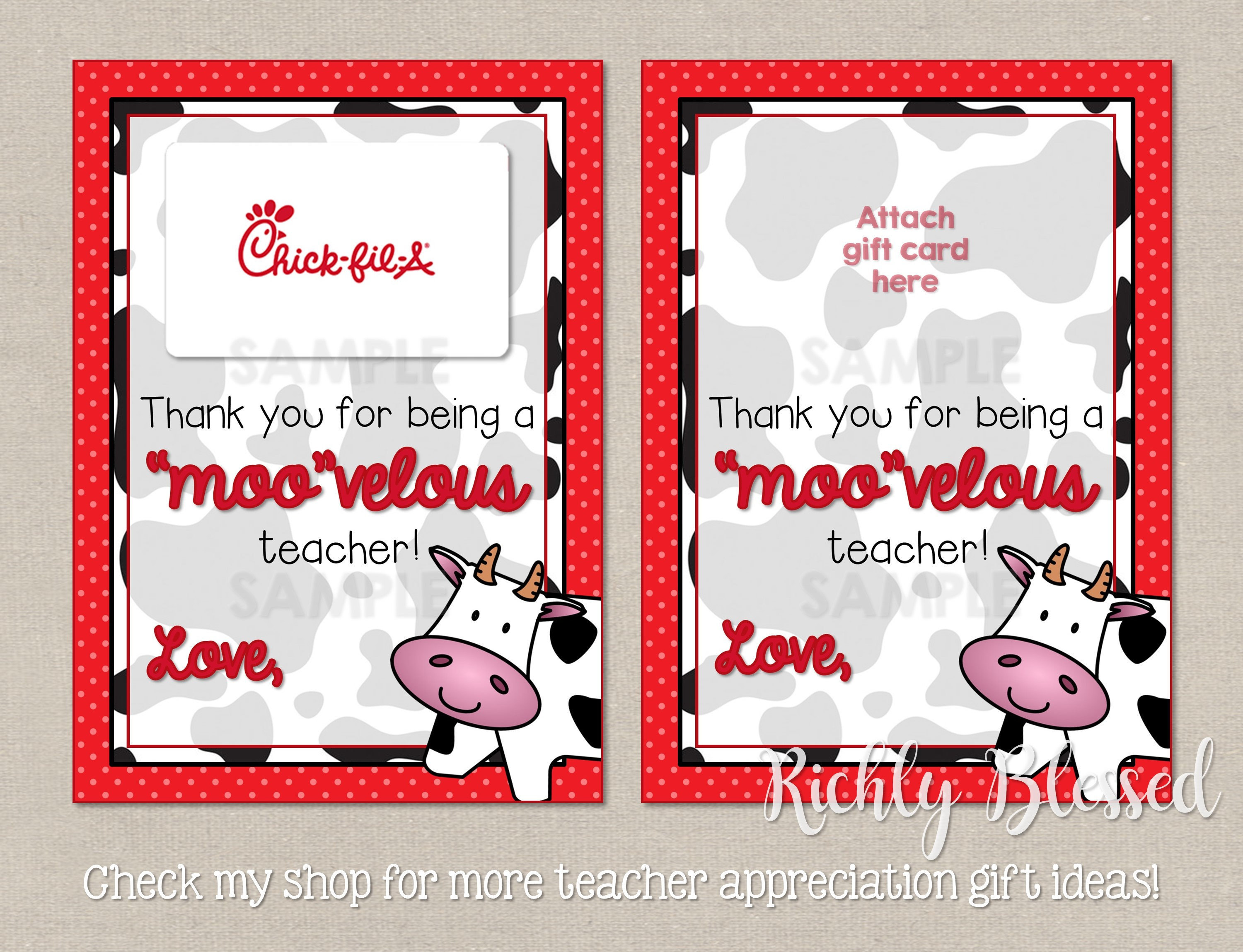 INSTANT DOWNLOAD ChickfilA Gift Card Teacher Appreciation