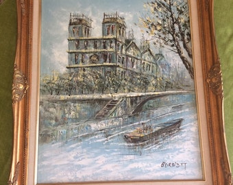 Burnett Listed Artist Signed Mid Century OIL PAINTING on canvas of Paris France Landscape Scene framed.