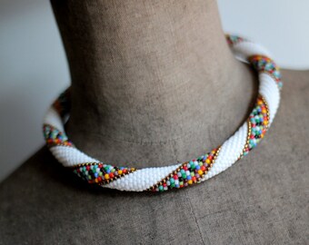 White and Gold Bead Crochet Necklace, Elegant Gold Accent Necklace, Luxurious Rope Necklace, Evening Necklace